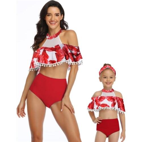 Kid Girl Swimming Clothes Triangle String Baiting Suit Flounce Parent Child Bikini Covered Body Swimwear Mommy and Me Swimsuit L