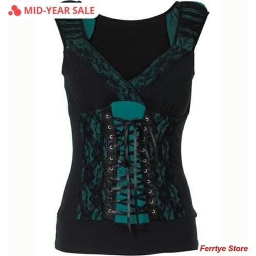 Imily Bela Gothic Bandage Tank Top Women Vintage V-neck Lace Patchwork Sleeveless Tanks Sexy Plus Size Camis Summer Haut Femme