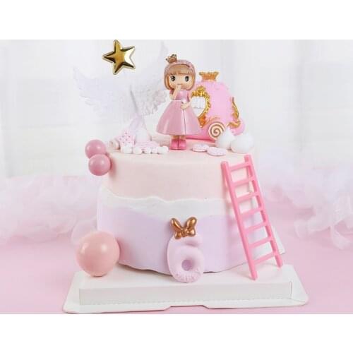 Lovely Pink Girl Bow Princess Happy Birthday Cake Topper Pumpkin Car White Wing Tassel Stars Decoration Baby Shower Gifts