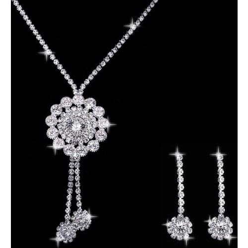 Trendy Female White Crystal Jewelry Set Classic Silver Color Dangle Earrings For Women Cute Bride Flower Wedding Chain Necklace