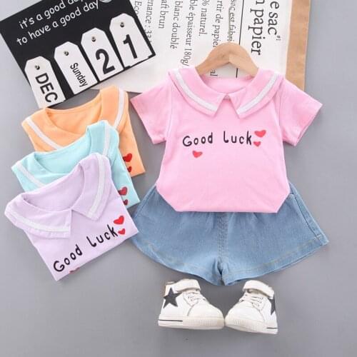 Baby girl clothes summer cute letter printing lapel short-sleeve shirt 2pcs casual cotton suit baby girl suit childrens clothes