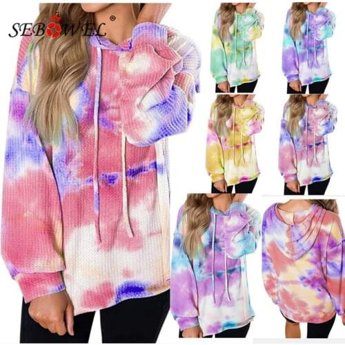 SEBOWEL Autumn Long Sleeve Drawstring Hoodies Sweatshirts for Women Spring Gradient Color Waffle Knit Oversized Pullover Tops
