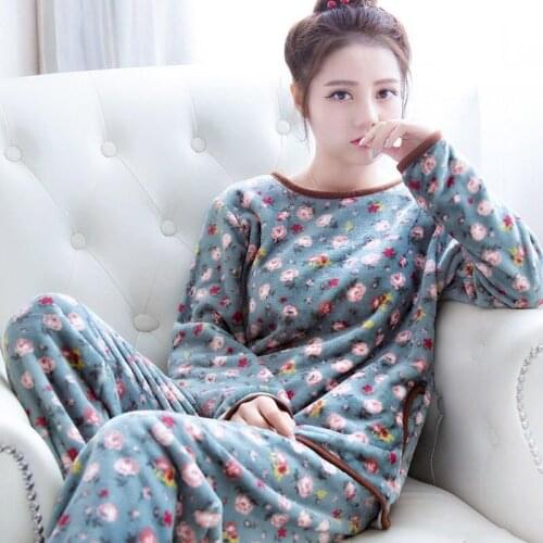 Winter Thick Warm Flannel Pajamas Womens Casual Cute Cartoon Coral Fleece Long-Sleeved Trousers Pajamas Suit Home Service
