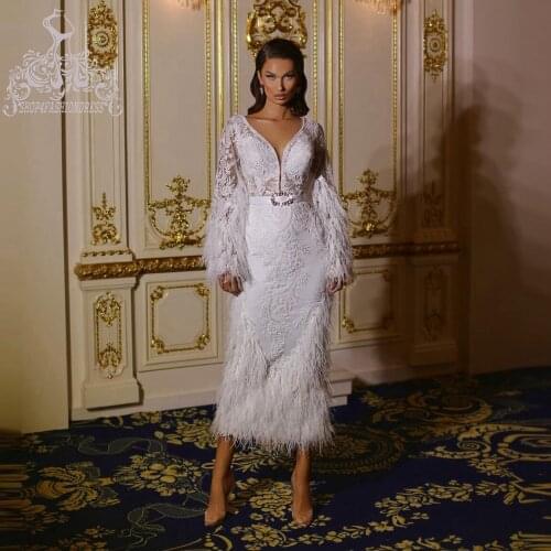 Vingate White V Neck Appliques Prom Dresses Sexy See Thru Illusion Long Sleeves Feather Mid-Calf Prom Gowns Formal Event Dress
