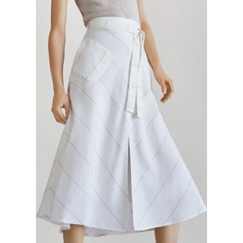 Women Skirt 2020 Spring and Summer New Skirt Stylish Casual White Linen Striped Split Midi Skirt