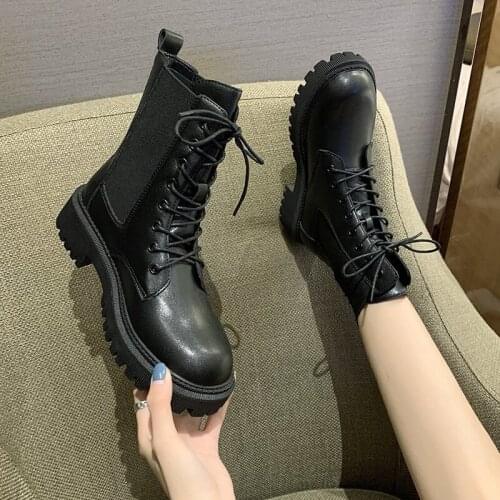 Women Black Ankle Boots Platform Shoes for Women Ankle Boot Leather Motorcycle Boots Punk Minimalist Lace-up Front Combat Boots