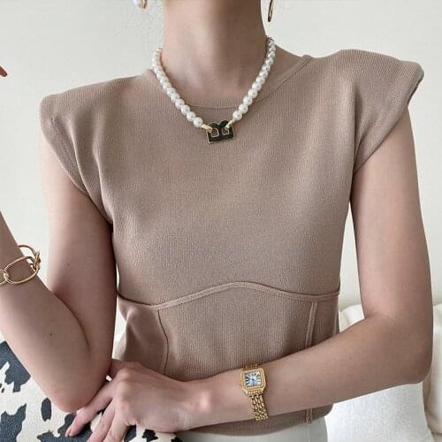 Summer Sleeveless Shoulder Pads Womens T-shirts O-neck Slim Casual Solid T-shirt For Women 2021 Korean Fashion New Ladies Tops