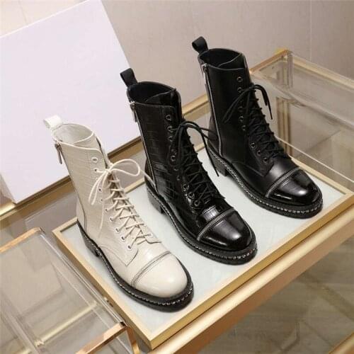 Lady Motorcycle Boots Leather Zipper Round Toe Rhinestone Ankle Solid Black Winter Low Heel Lightweight Stripe Soft Oxford Shoes