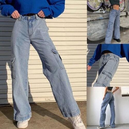Women High Waist Straight Wide Leg Baggy Jeans Side Flap Pocket Relaxed Fit Cargo Pants Harajuku Casual Denim Trousers