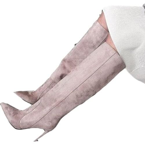 Pink Suede Knee High Boots Slip On Pointy Toe Stiletto High Heel Dress Runway Women Boots Fashion Women Winter Autumn Shoes