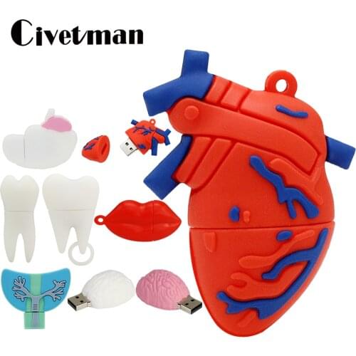 Cartoon USB Flash Drive Human Organs Heart Lung Brain Tooth 256GB Pen Drive 64GB 32GB 16GB 8GB 4GB USB 2.0 Memory Stick Pendrive