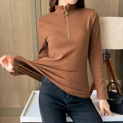 Zipper T Shirt Women Long Sleeve Turtleneck T-Shirt Woman Cotton Korean Fashion Plus Size 2021 Spring Autumn Tee Shirt Femme