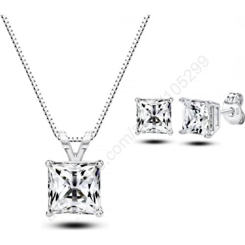 Wedding Fine Jewelry Sets Real Pure 925 Sterling Silver Cubic Zircon CZ Pendant Necklaces Earring Engagement Set