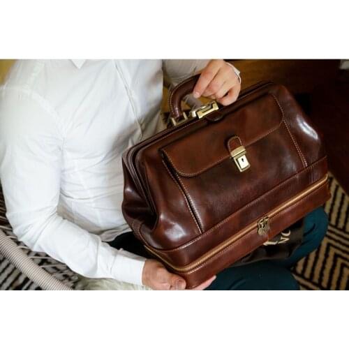 Leather Doctor Bag, Dark Brown Overnight Bag - Time Resistance