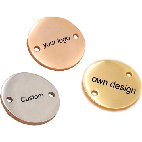 Stainless Steel Round Charm Custom Your Own Logo 15mm Two Hole Polish Mirror Surface Charms Connector Diy Pendant 50pcs/lot
