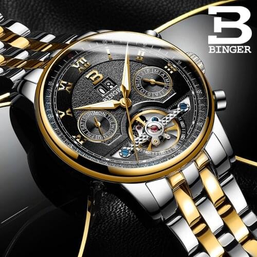 BINGER Tourbillon Mens Dress Watch Top Brand Luxury Automatic Mechanical Watches Waterproof 30M Saphire Clock erkek kol