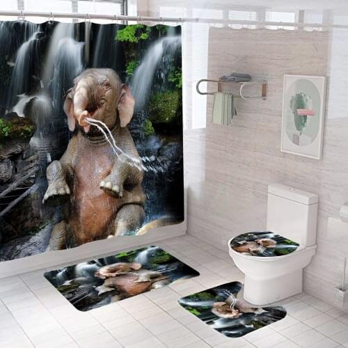 Cute Elephant Playing In The Water Shower Curtain Set Waterproof Bath Toilet Lid Seat Cover Bath Non-Slip Mat Rug Bathroom Decor