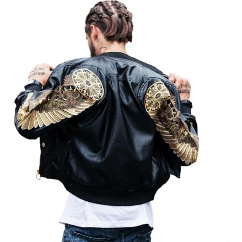 Autumn Winter Classic Brand Men Bomber Leather Jackets Red Black PU Outwear Gold Wings Embroidery Punk motorcycle Slim Coat