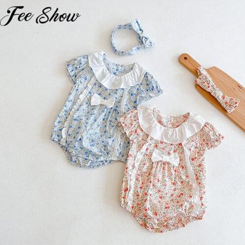 0-3Y Summer Newborn Baby Girls Ruffles Floral Romper Bowknot Flower Sunsuit Short Sleeve Jumpsuits With Headband 2pcs Clothing