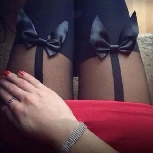 Sexy Tights Women Fake High Stocking Female Cute Black Bow Suspender High Knee Tattoo Pantyhose Tights Stockings Collant Femme