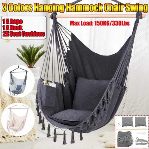 3 Types Outdoor Indoor Hanging Hammock Chair Swing Camping Garden Load 150KG With 2 X Seat Cushions