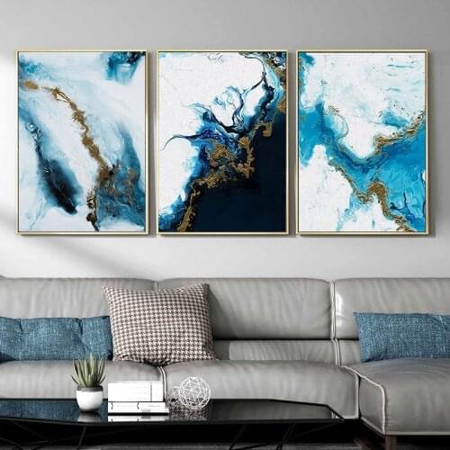 Gold Blue Modern Style Abstract Nordic Printed Wall Poster Canvas Painting Contemporary Art Deco Picture Living Room Decoration