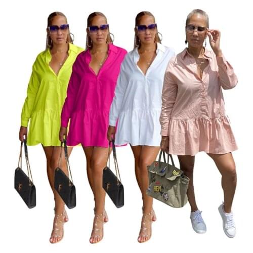 Casual Turn-down Collar Shirt Dress 2021 Autumn Fashion Single-Breasted Pure Color Ruffles Mini Loose Dresses New Arrivals