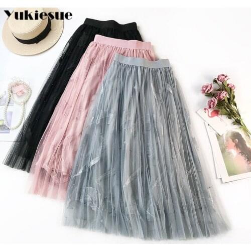Pink beige grey black stretch high waist midi a-line ruffle tulle skirt for women winter fashion princess skirts womens saias