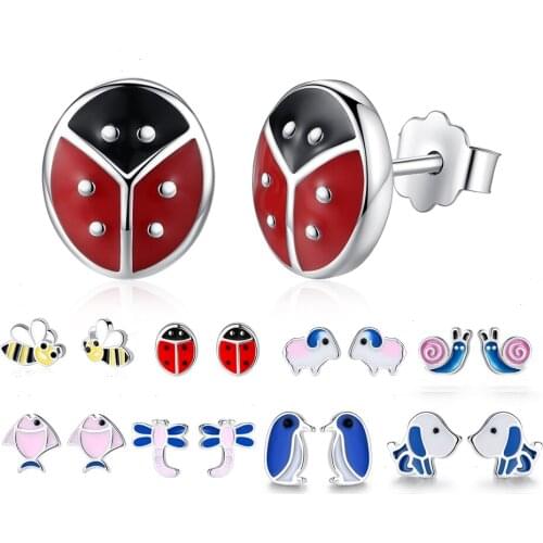 925 Sterling Silver Stud Earrings Cute Ladybug Bee Insect Fish Dog Animal Earrings for Women Girls Kids Jewelry Christmas Gift
