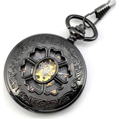 Steampunk Skeleton Black Automatic Mechanical Pocket Watch Men Vintage Hand Wind Clock Necklace Pocket & Fob Watches With Chain