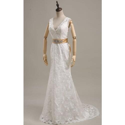 Vintage 1970s Off White Lace Mermaid Wedding Dress Beading V Neck Court Train
