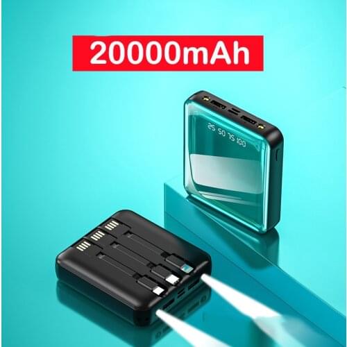 20000mAh Mini Power Bank With Micro USB Type C Cable Portable Charger Full Mirror LED Powerbank External Battery Pack Power Bank