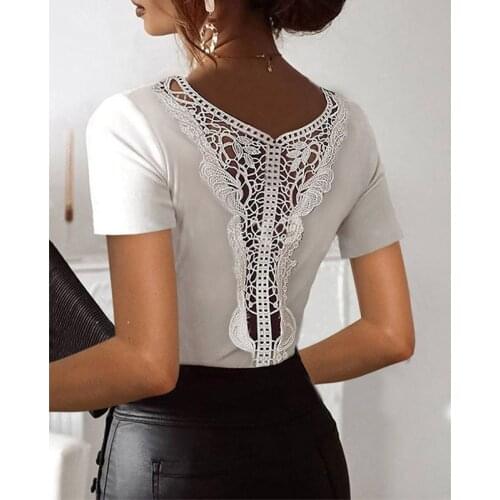 Plus Size Casual Women T-Shirt 2021 Summer Short Sleeve Skinny Ladies Tops New Fashion V Neck Lace Shirts White