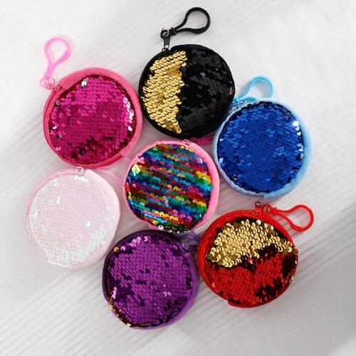 1PC Women Sequins Coin Purse Pocket Key Chain For Girls Round Organizer Earphone Pouch Portable Zipper Purse Bags Wholesale