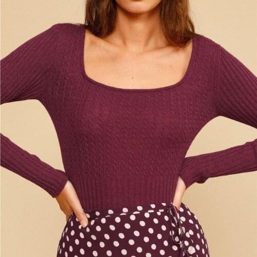 Women Square Collar Slim Knit Sweater 2021 Autumn Winter Long Sleeve Ladies Sweet Ribbed Knitwear Jumper Female Pullover Tops