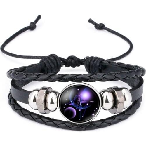 12 Zodiac Signs Braclet Jewelry with Glass Cabochon Zodiac Constellation Leather Wrap Charm Bracelet Bangle for Unisex