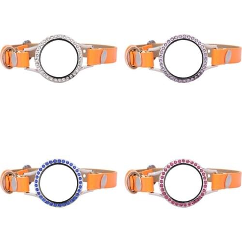 5pcs/lot 25mm Different color crystals glass Locket 7cm+15cm Orange Single Wrap PU Leather Bracelets Wristband With 50pcs Charms