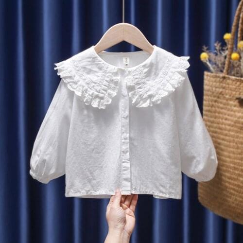 Girls Blouse White Baby Girl Doll Collar Shirts Long-Sleeved Spring Autumn Solid Color Kids Toddler Base Shirt Infant Tops