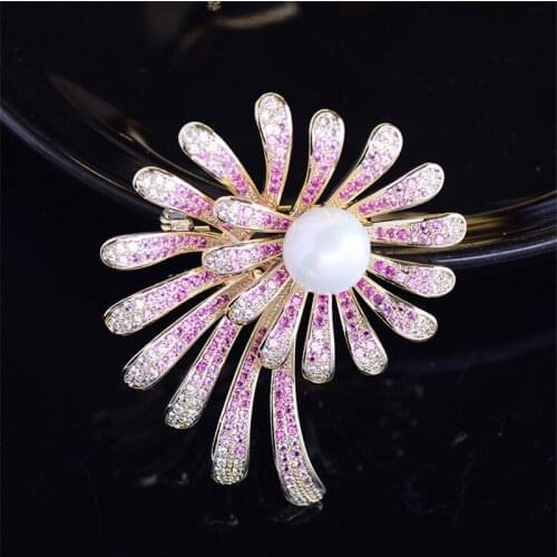 Beautiful Cubic Zircon Pearl Sunflower Brooch Fashion Brooches Pins Jewelry Elegant Floral Dress Coat Accessories Gifts Women