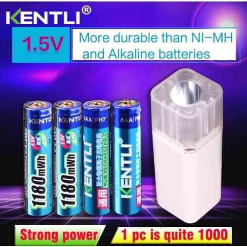 KENTLI 4pcs 1.5v 1180mWh AAA rechargeable polymer lithium battery + 4 slots aa aaa lithium battery charger with flashlight