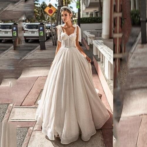 Eightree Vestido de Noiva Glitter Beach Wedding Dresses 2021 Lace Wedding Gowns Custom Made Beaded Bride Dress Bow Mariage