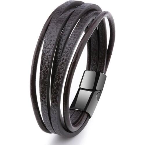 Bracelet Men Multilayer Leather Bangles Magnetic-clasp Cowhide Braided Multi Layer Wrap Trendy Bracelet Classic Jewelry Charm