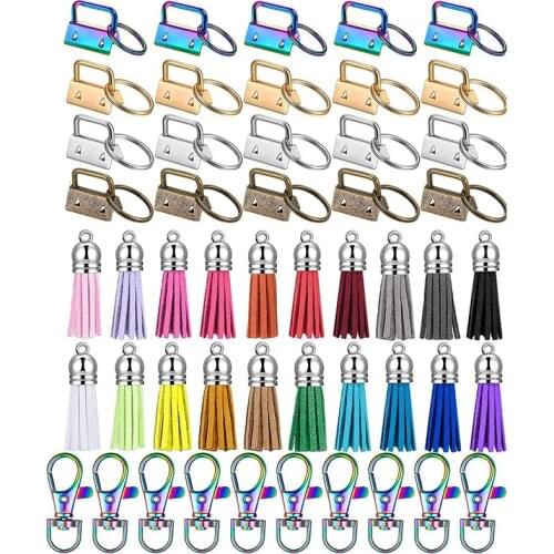60 Pieces Key Fob Hardware Set with Tassels (Silver, Gold, Bronze, Rainbow)