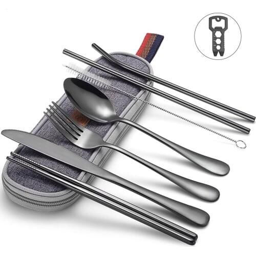 Sunhanny Dinnerware Set Travel Camping Cutlery Set Reusable Silverware with Metal Straw Spoon Fork Chopsticks and Portable Case