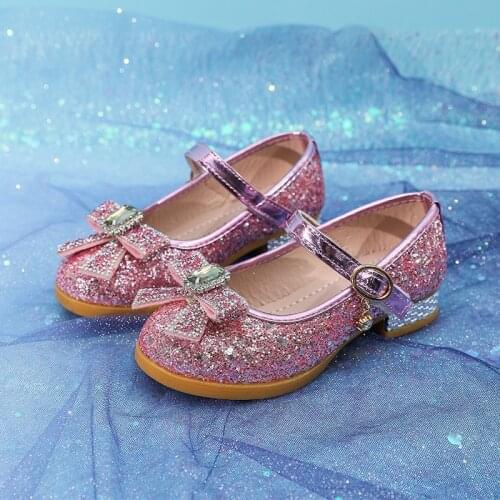 2021 New Spring/autumn Girls High-heeled Shoes Sequins Non-slip Bow Girls Princess Shoes for Wedding Student Performance Shoes
