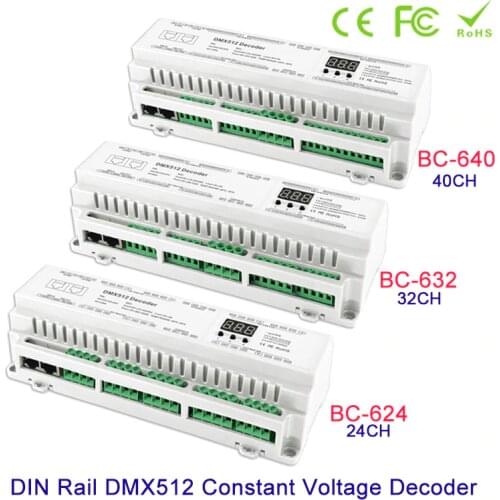 New arrival DIN Rail 24CH 32CH 40CH DMX512 Constant Voltage PWM Decoder 3 digital display shows large-scale projects Controller