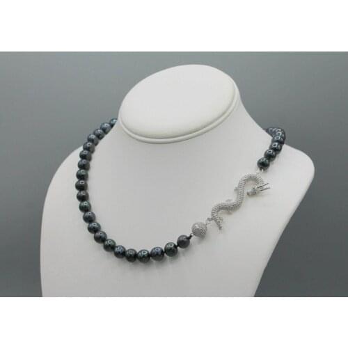 Hand knotted 8-9mm black freshwater pearl necklace 45cm micro inlay zircon dragon magnetic clasp fashion jewelry