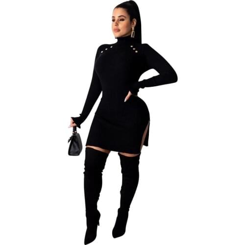Knitted Turtleneck Dress Winter Women Sweater Long Sleeve Split Dress Autumn Winter Elegant Bodycon Black Evening Party Dresse