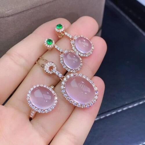 The Best Gift For Your Mother 100% Natural and Real Rose Quartz Set 925 Sterling Silver 1pc Ring,2pcs Earring ,1pc Pendant