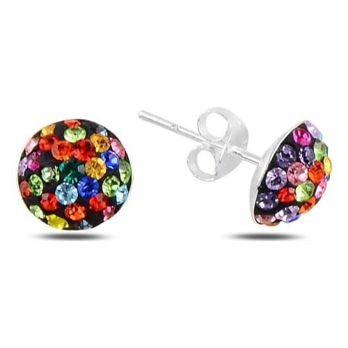 Silver 925 Sterling Mixed Color Cz Crystal Half Ball Earrings